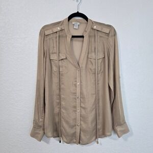 Cache Women Gold Metallic Shimmer Button Down Blouse Long Sleeve Shirt M